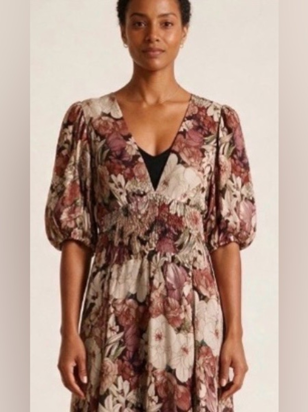 NWT Lavender Brown Floral Puff-Sleeve Mini Dress in Beige and Mauve